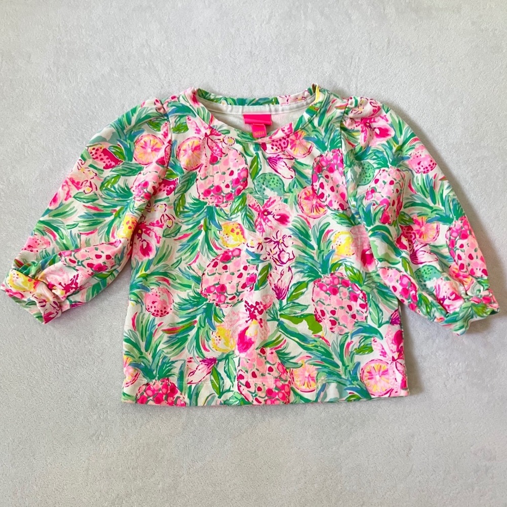 Lilly Pulitzer Top Pink Green Tropical Pineapple Floral Puff Sleeve‎ Size L 8-10